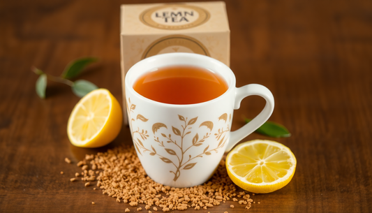 A cup of lemon masala tea with tea packaging box