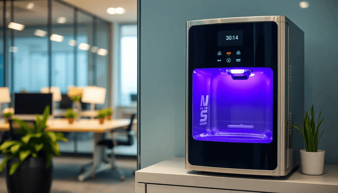 A modern hot and cold water dispenser in an office