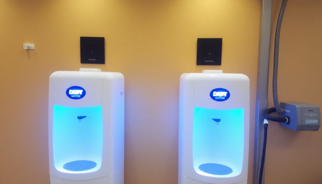 Two white chai point machines with blue light glowing on a beige wall for CHAI POIN MACHINE RENTLA NEAR ME