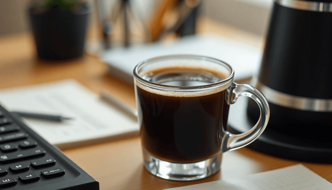 A steaming cup of Atlantis Coffee Premix on a desk