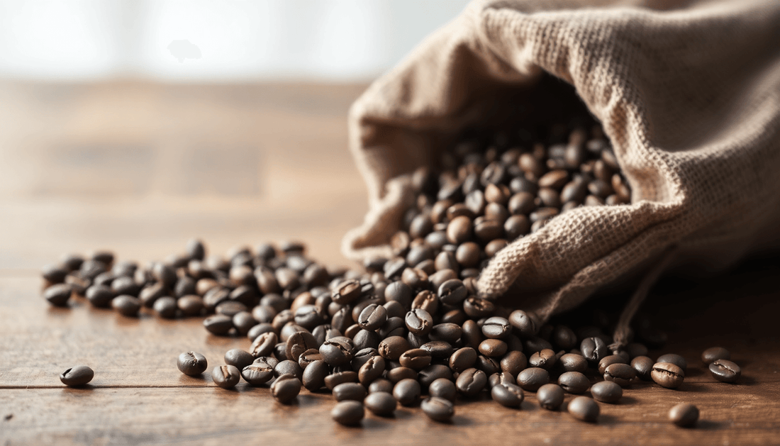 A sack of roasted coffee beans spilling onto a wooden table
