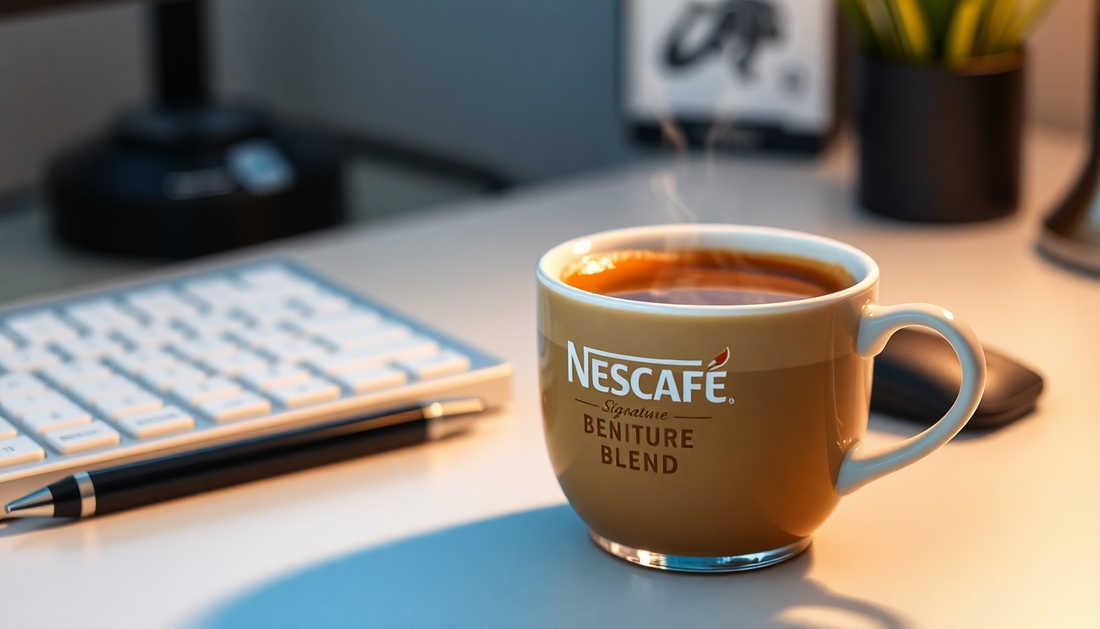 A steaming cup of Nescafé Signature Blend coffee on desk