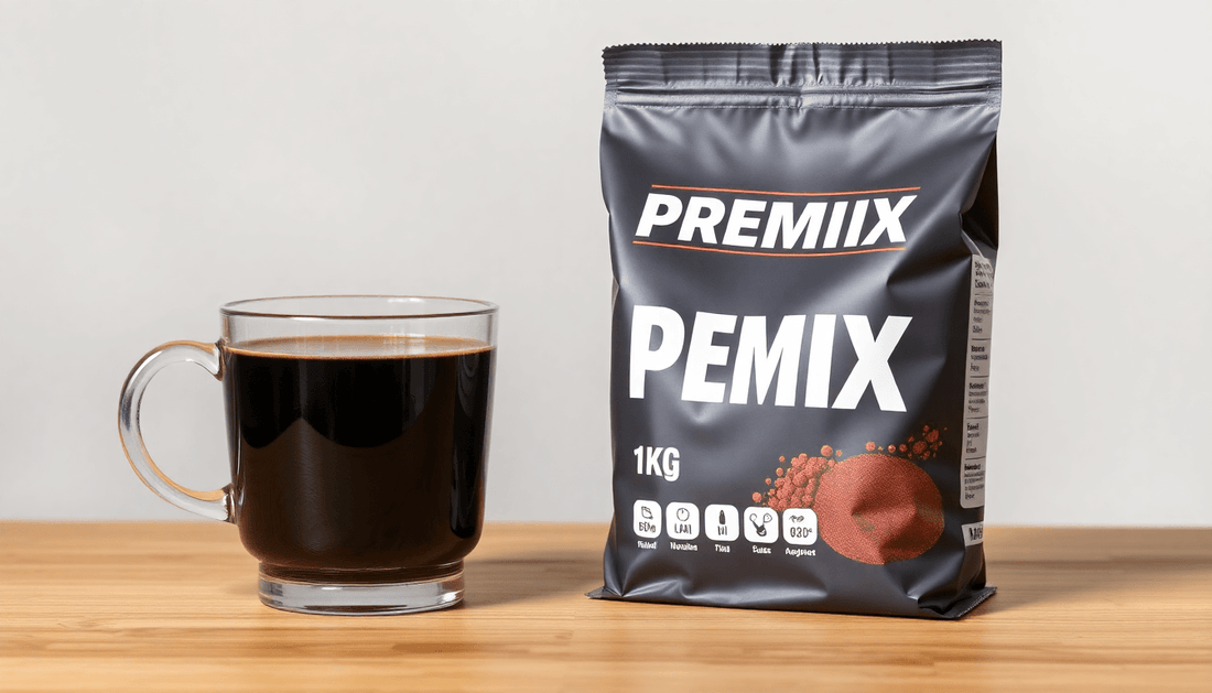 A cup of coffee next to a 1kg premix pack
