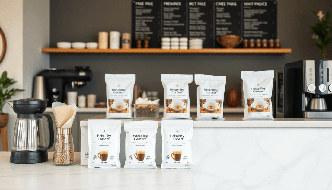 A coffee shop counter with coffee premix packages