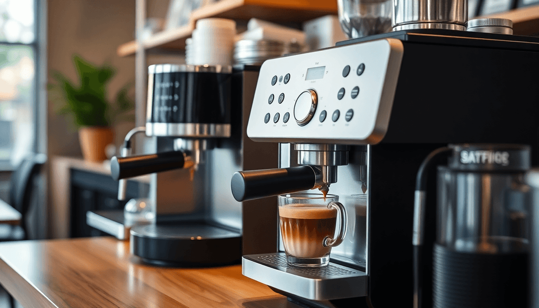 A sleek automatic coffee machine brewing coffee in a café