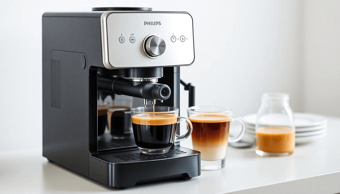 A sleek Philips espresso machine brewing fresh coffee