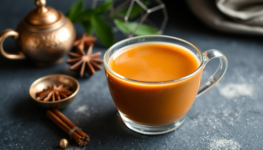 A steaming cup of masala chai with spices