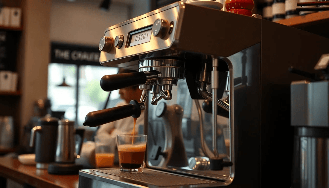 A modern coffee machine brewing coffee in a Delhi café