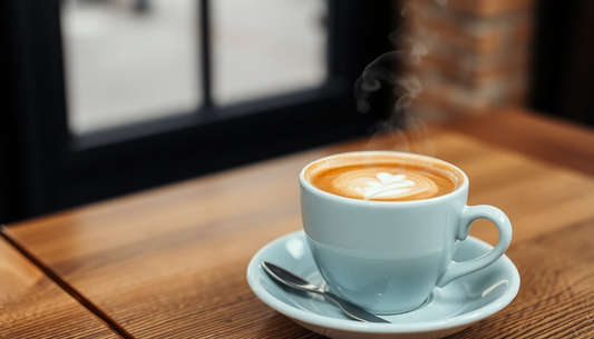 A steaming cup of Continental Speciale Coffee on wooden table
