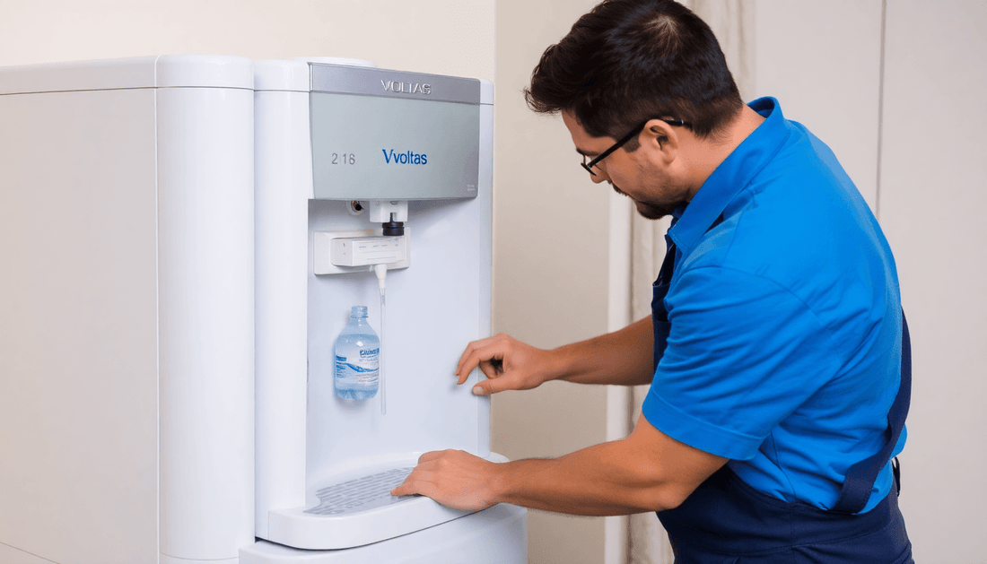 Technician repairing a Voltas water dispenser