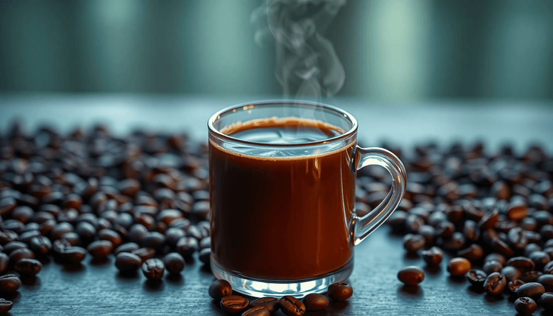 A steaming cup of kadak coffee with coffee beans