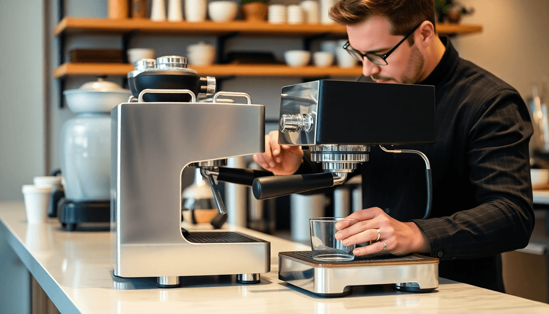 A barista adjusting coffee machine settings in café