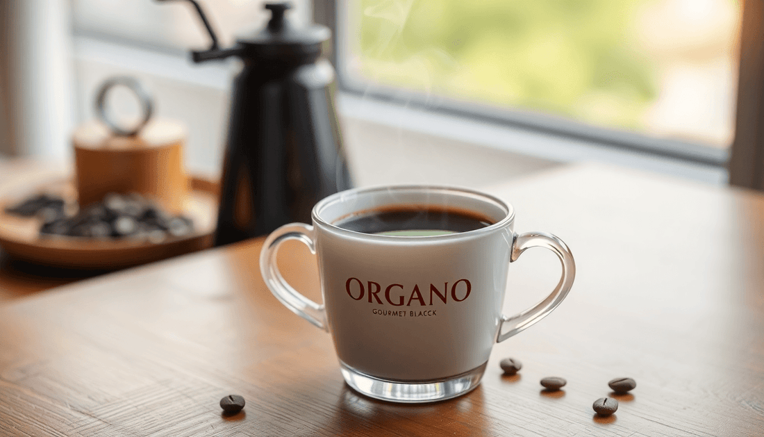 A steaming cup of ORGANO Gourmet Black Coffee on a table