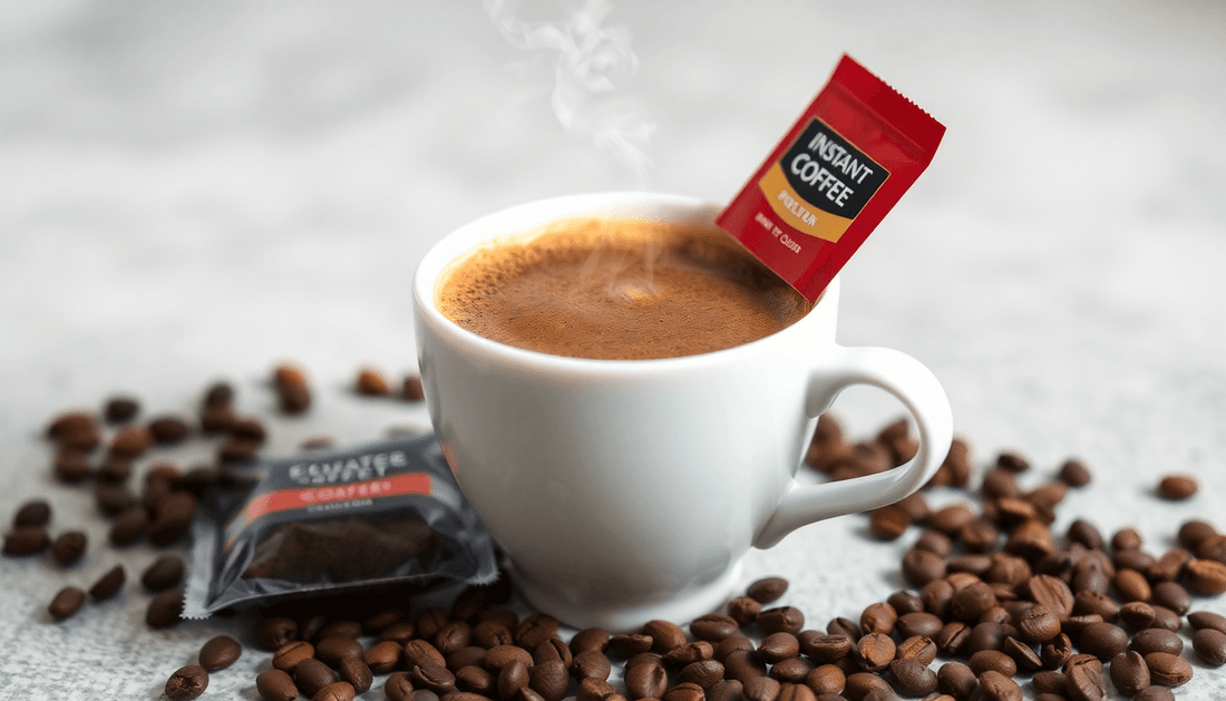 A cup of steaming coffee with instant coffee powder packet