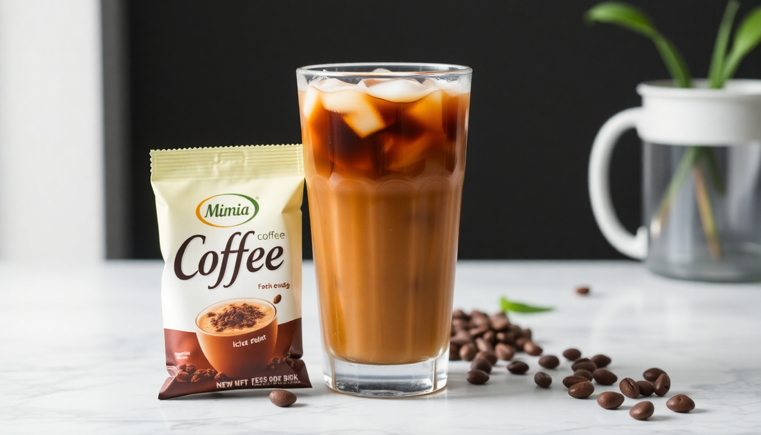 Refreshing glass of iced coffee with coffee premix packet
