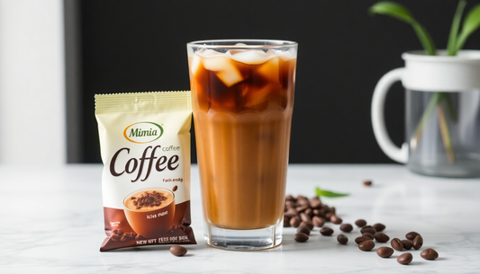 Refreshing glass of iced coffee with coffee premix packet