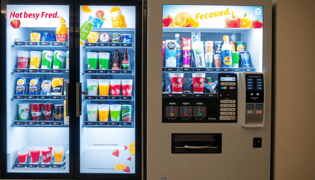 Commercial hot and cold beverage vending machines in action