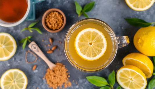 A cup of lemon tea with lemon slices and tea powder