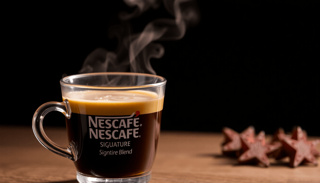 A steaming cup of Nescafe Signature Blend instant coffee