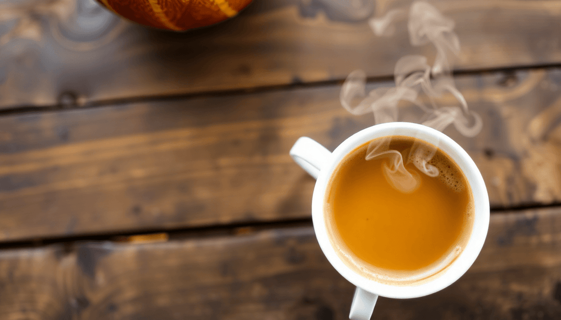 A steaming cup of Thai coffee on a wooden table