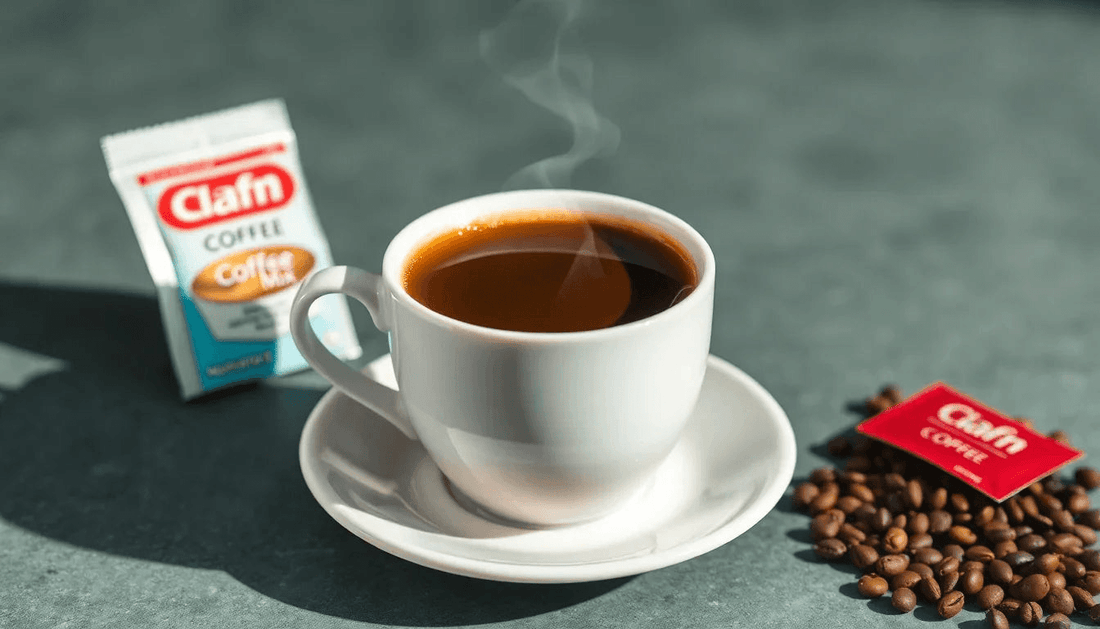 A steaming cup of coffee with coffee premix packets