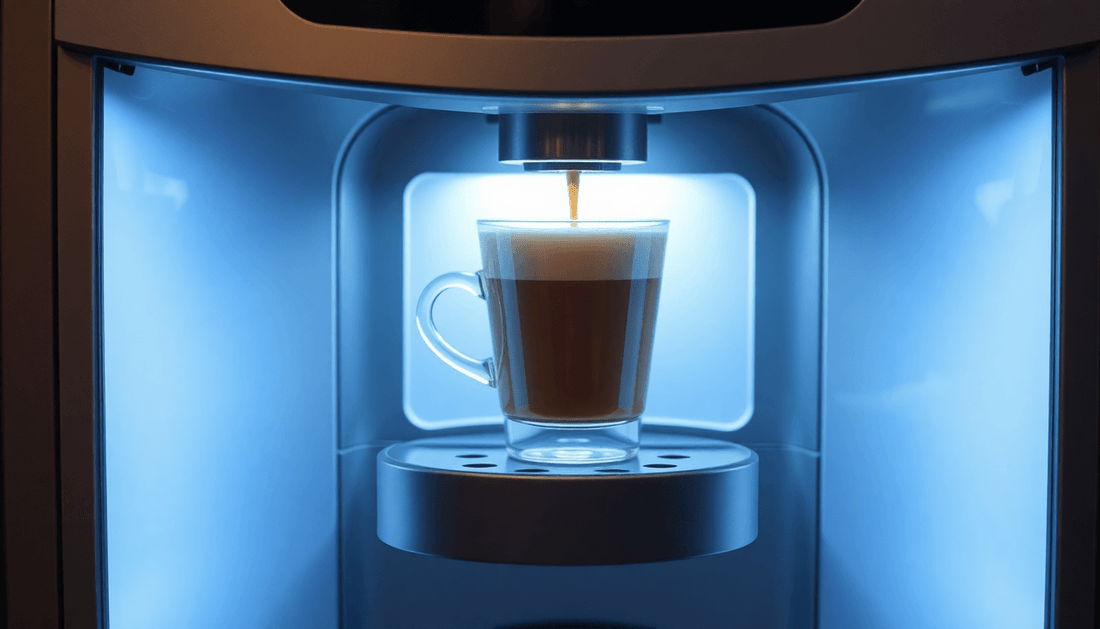 A sleek coffee vending machine dispensing a cup of coffee