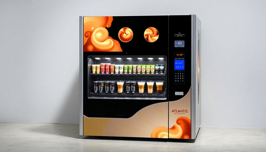 Atlantis Neo 3 Lane vending machine with illuminated shelves displaying drinks and snacks