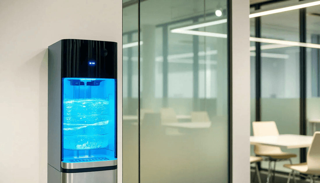 A modern water dispenser in an office setting