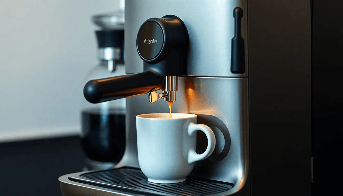 A sleek Atlantis coffee machine brewing fresh coffee
