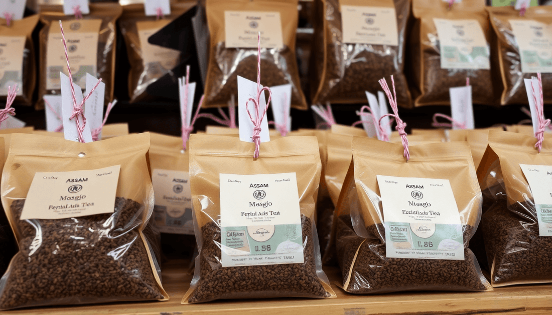 Assam tea bags with price tags in a market