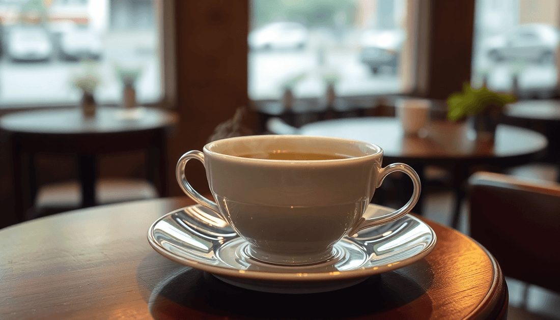 A steaming cup of green tea on a cafe table