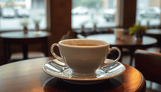 A steaming cup of green tea on a cafe table