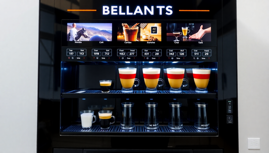 ATLANTIS coffee vending machine with multiple lanes brewing coffee