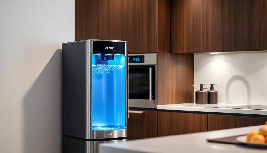 Sleek Atlantis Coffee Machine with glowing blue water container in modern kitchen showing Atlantis Coffee Machine price