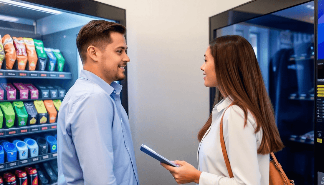 Customer discussing vending machine lease options with agent