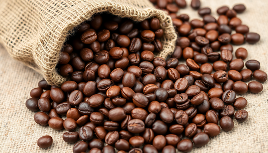 Fresh roasted coffee beans spilling from a burlap sack