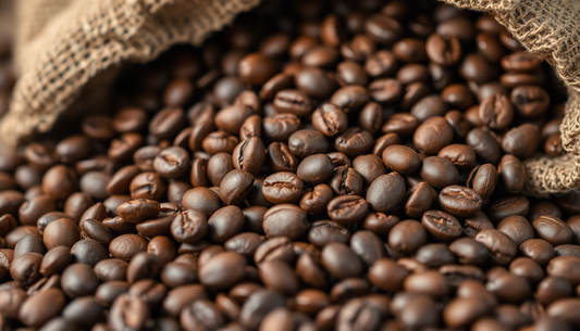 Close-up of roasted coffee beans spilling from a sack