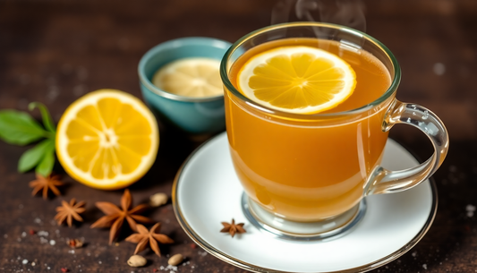 A steaming cup of lemon masala tea with spices