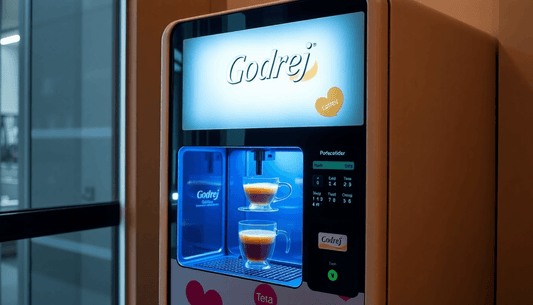 A sleek Godrej coffee vending machine dispensing tea