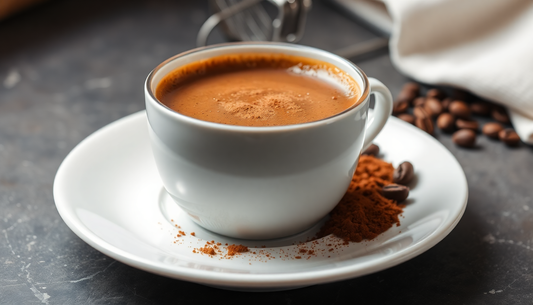 A steaming cup of instant coffee with coffee powder