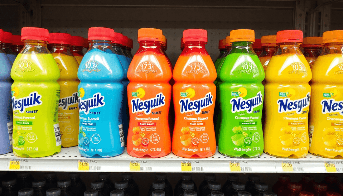Colorful Nesquik drink bottles on a store shelf