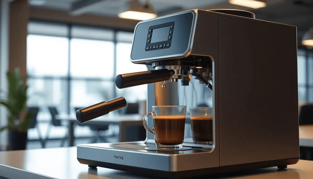 A modern coffee machine brewing coffee in an office