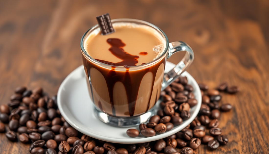 A cup of mocha premix with chocolate and coffee beans