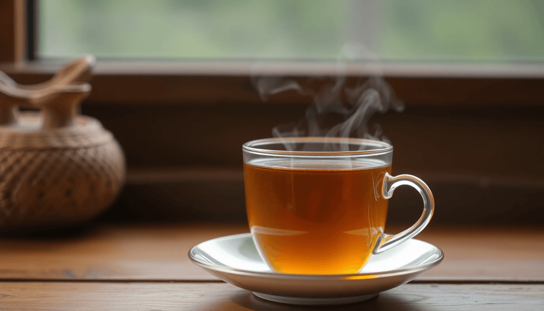 A steaming cup of Girnar Tea Premix on a wooden table