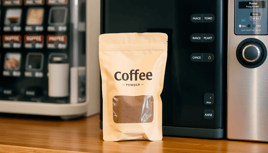 A bag of coffee powder beside a coffee vending machine