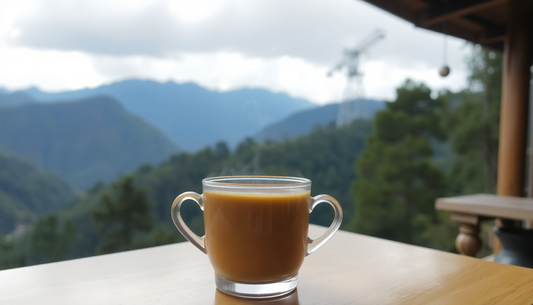 A steaming cup of coffee with Arunachal Pradesh backdrop