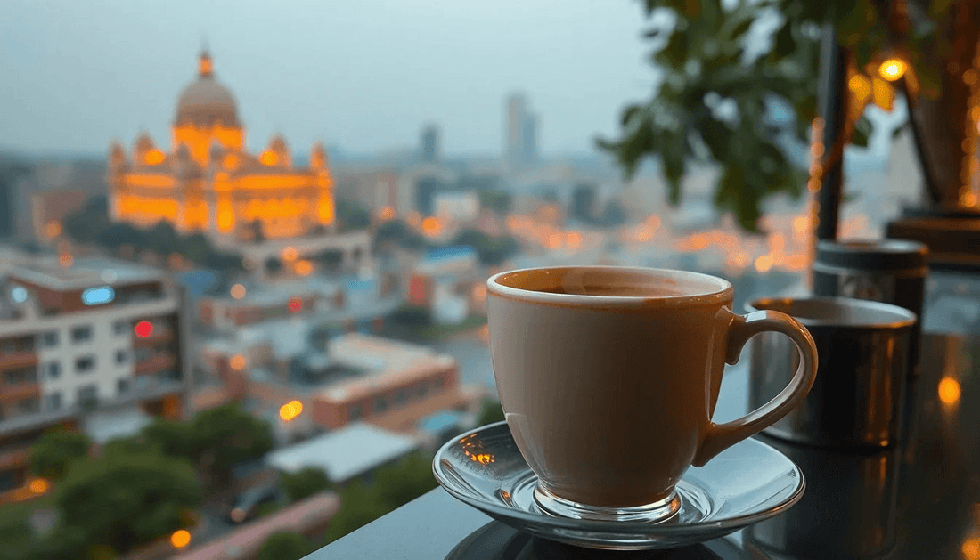 A steaming cup of coffee with Delhi cityscape background