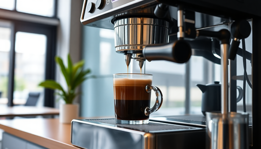 Close-up of the best Atlantis coffee machine brewing fresh espresso into a clear glass cup