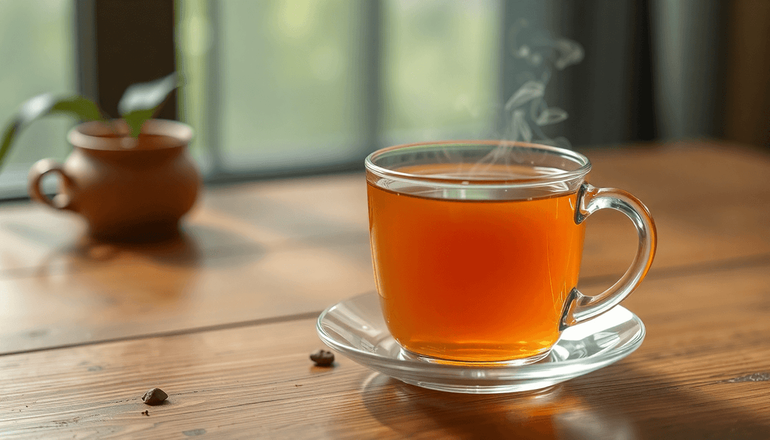 A steaming cup of Nukkad Tea Premix on wooden table