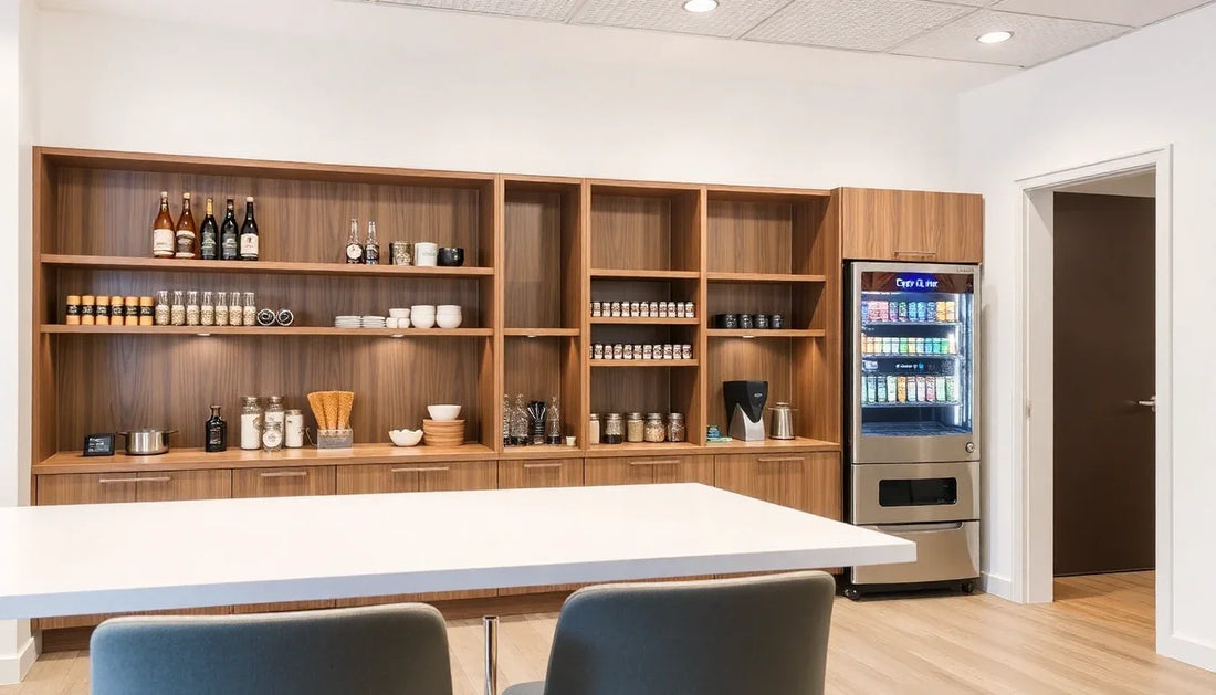 Modern break room with a Nescafe vending machine and wooden shelves stocked with cups and condiments